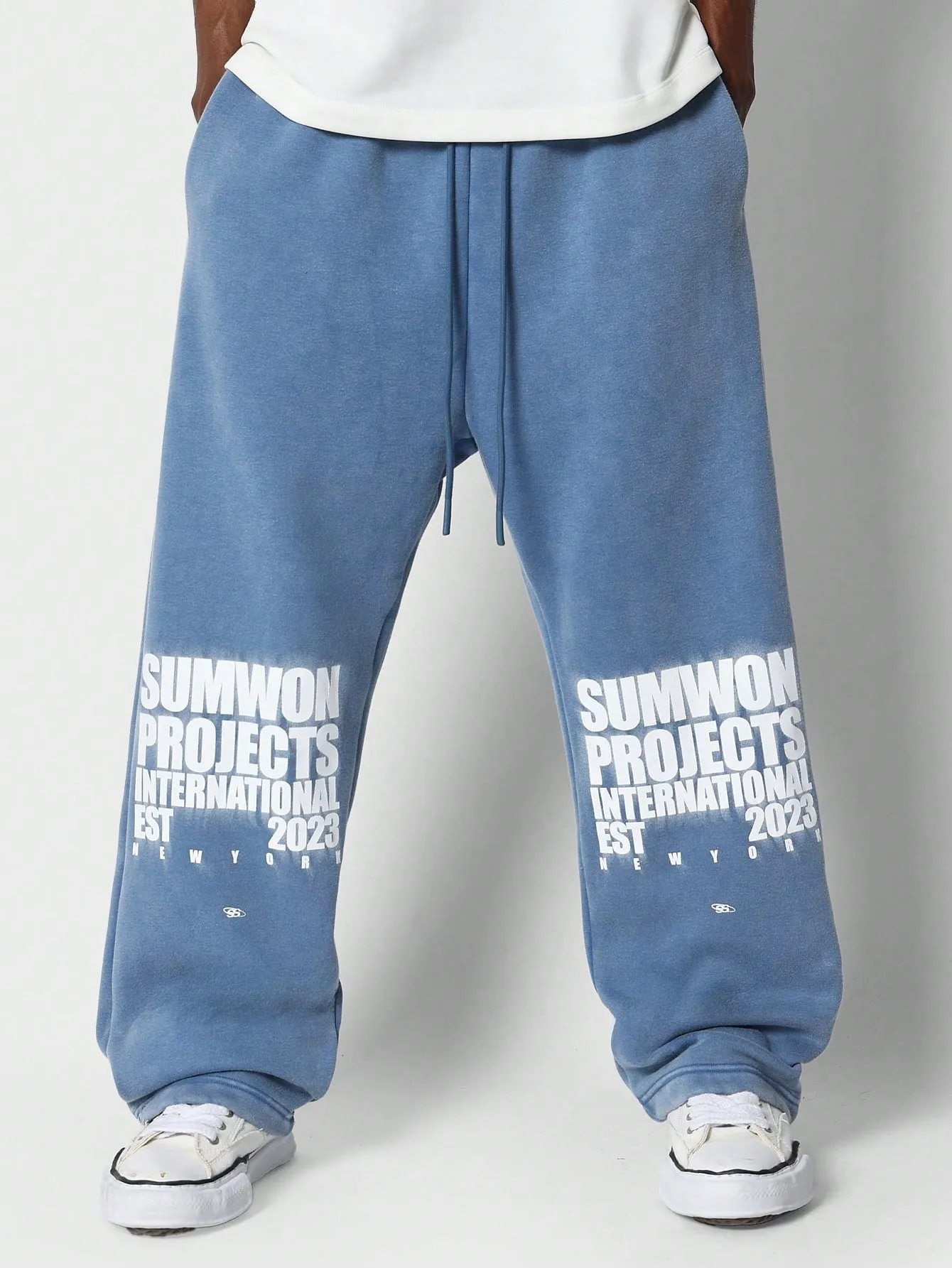 Washed Drop Crotch Sweatpants With Knee Letter Graphic Print