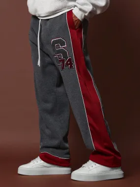 Wide Fit Drop Crotch Colour Block Panel Sweatpants With Embroidered Applique & Piping