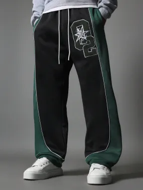 Wide Fit Drop Crotch Contrast Panel Sweatpants With Piping & Applique Badge Towelling