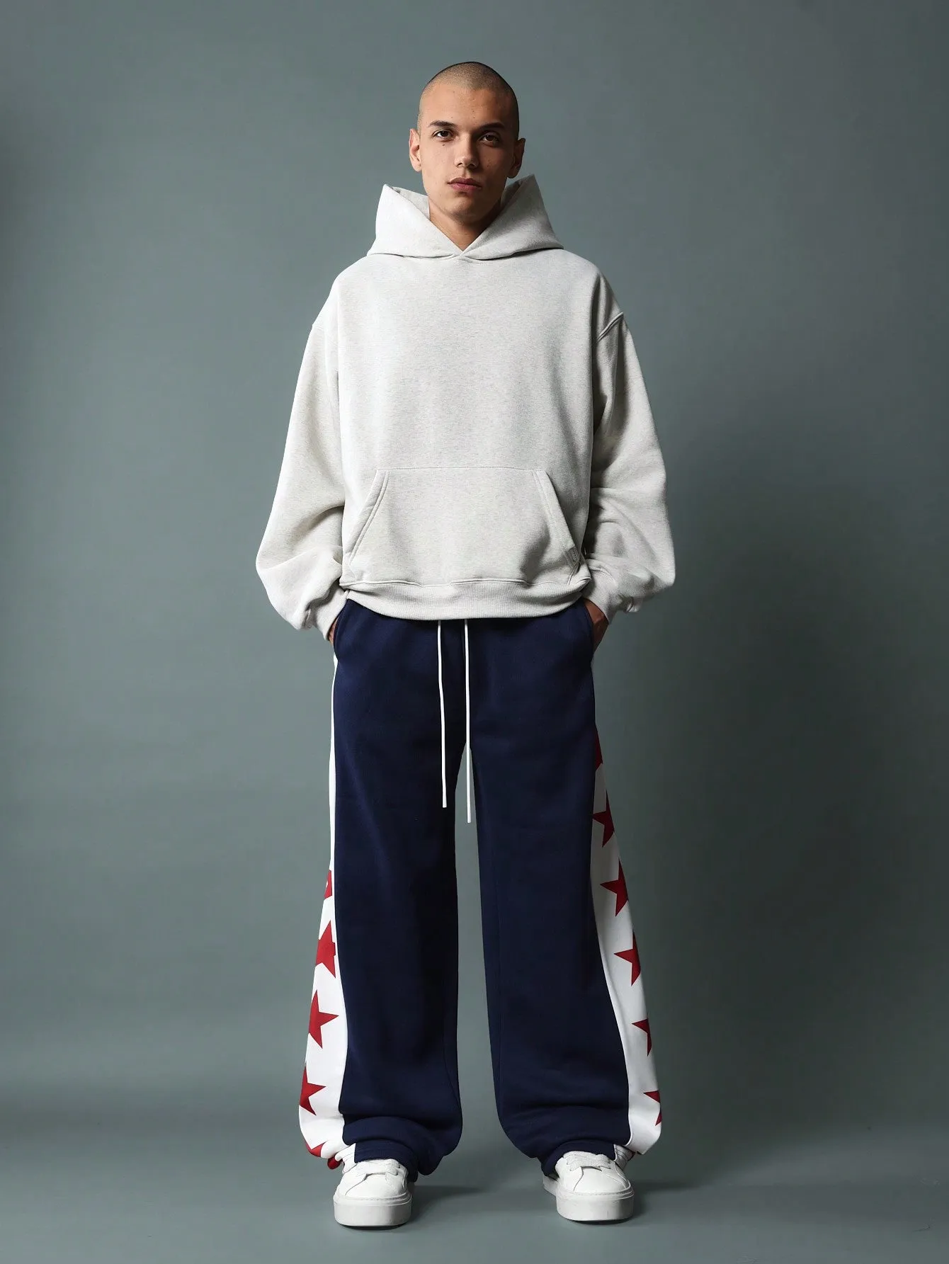 Wide Leg Drop Crotch Sweatpants With Contrast Panel & Star Graphic Print