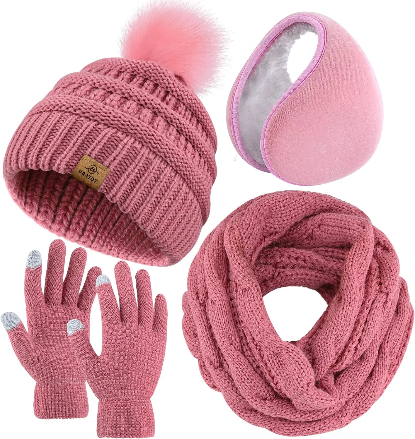 Winter Knit Beige Beanie Hat, Scarf, Ear Muff & Gloves Set