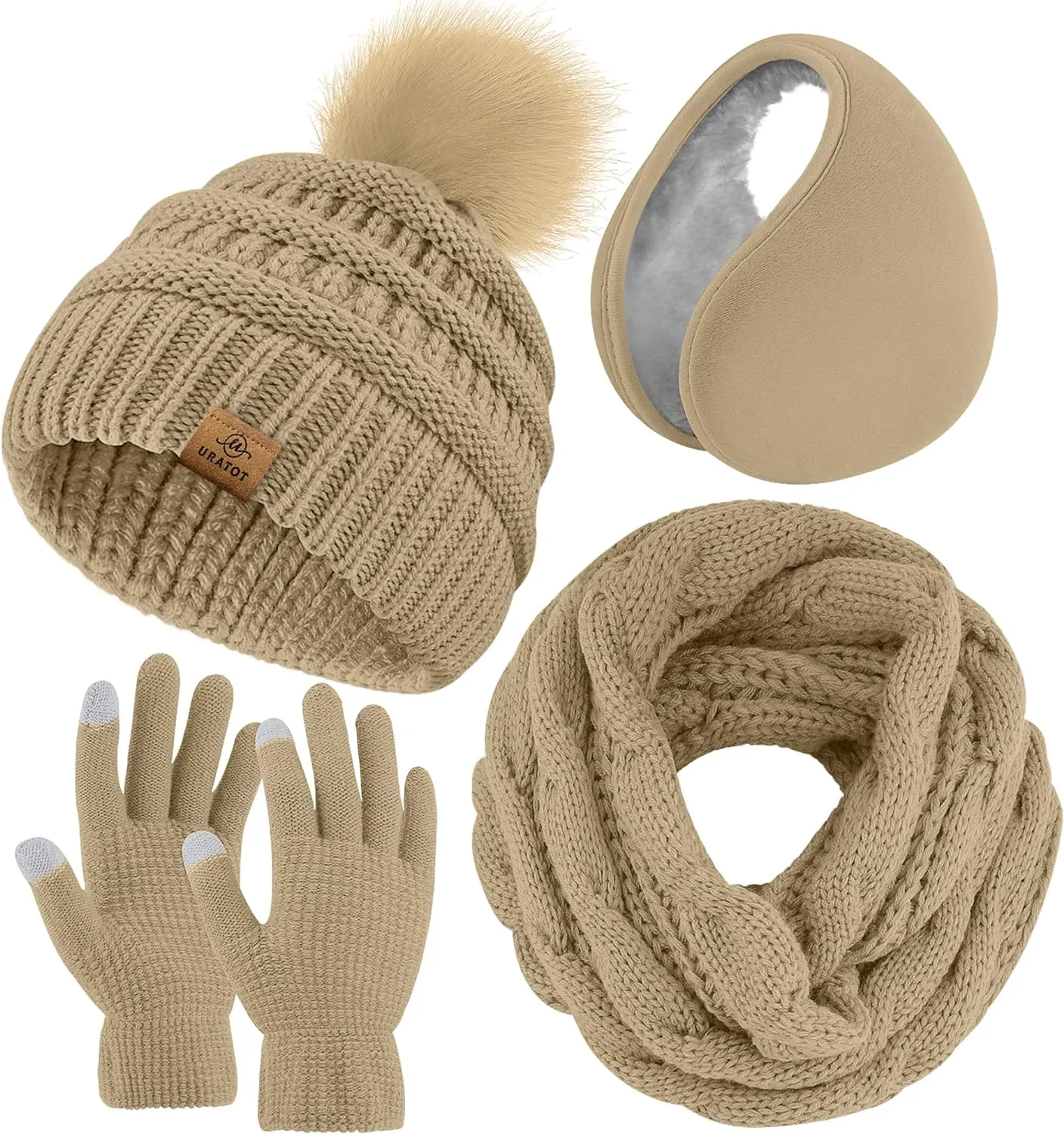 Winter Knit Beige Beanie Hat, Scarf, Ear Muff & Gloves Set