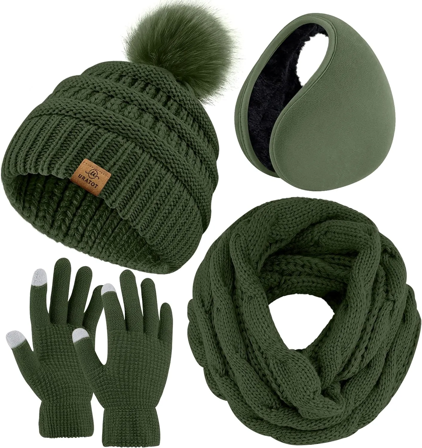 Winter Knit Beige Beanie Hat, Scarf, Ear Muff & Gloves Set