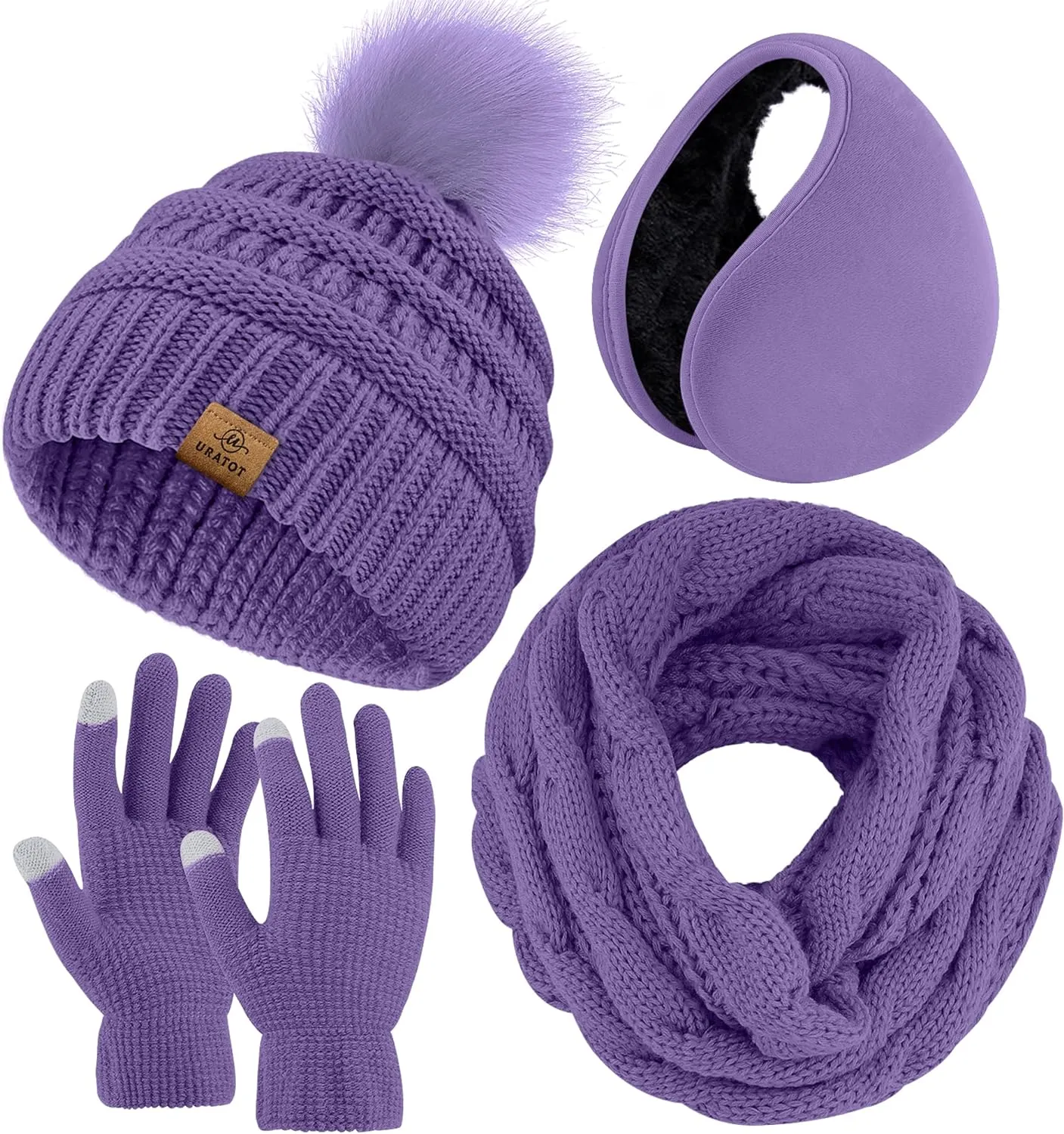 Winter Knit Beige Beanie Hat, Scarf, Ear Muff & Gloves Set