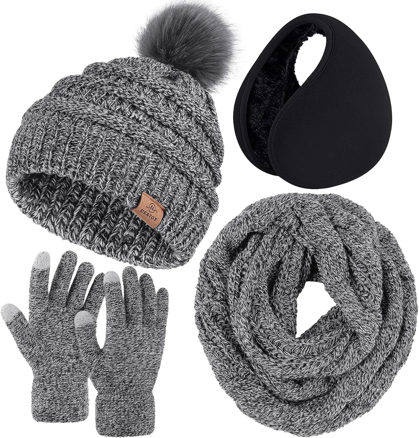 Winter Knit Beige Beanie Hat, Scarf, Ear Muff & Gloves Set