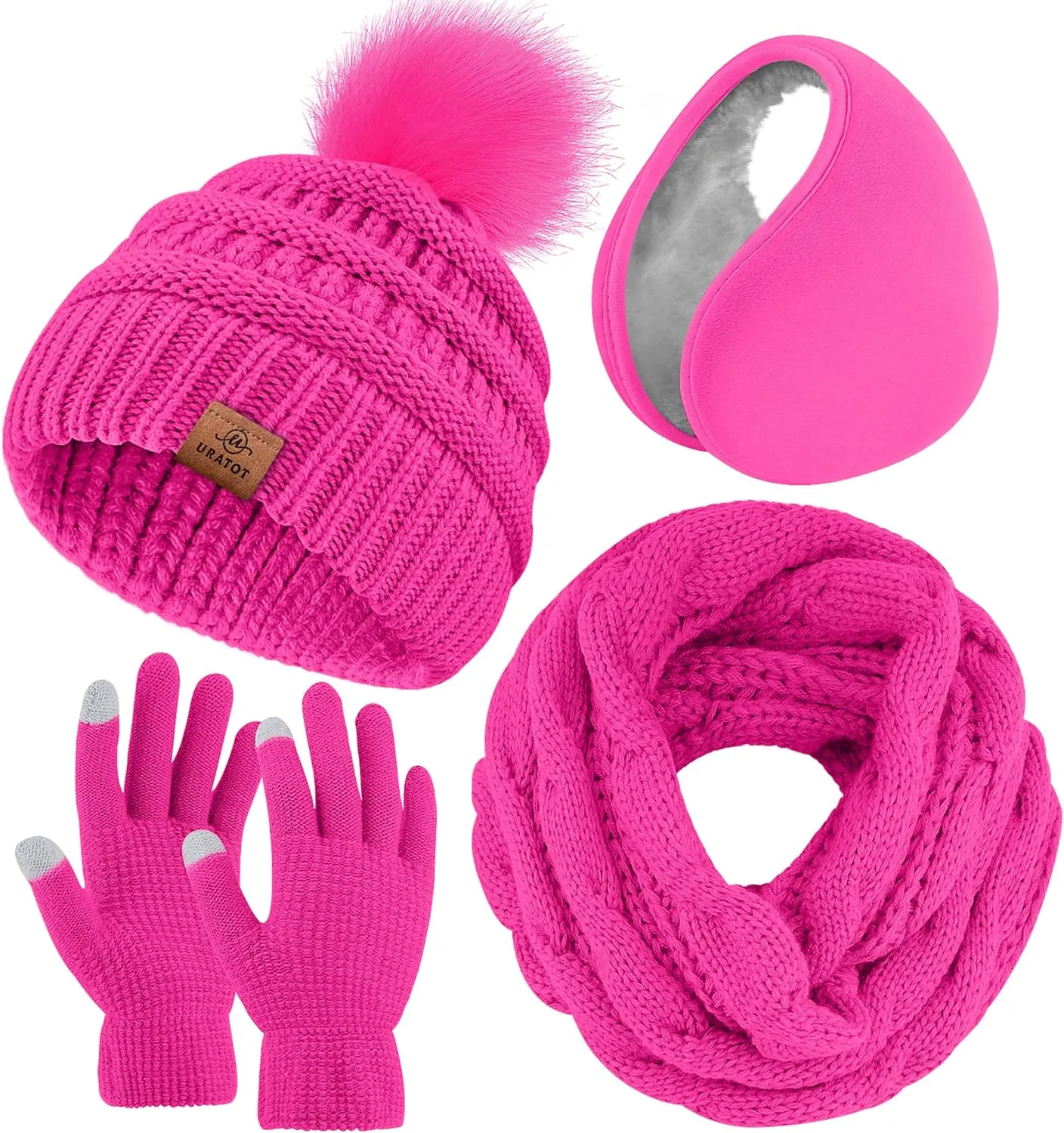 Winter Knit Beige Beanie Hat, Scarf, Ear Muff & Gloves Set