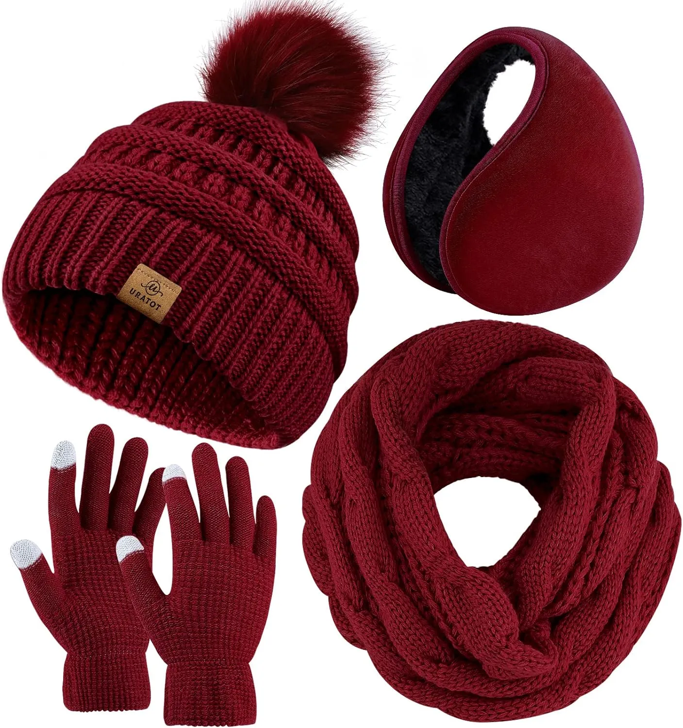 Winter Knit Beige Beanie Hat, Scarf, Ear Muff & Gloves Set