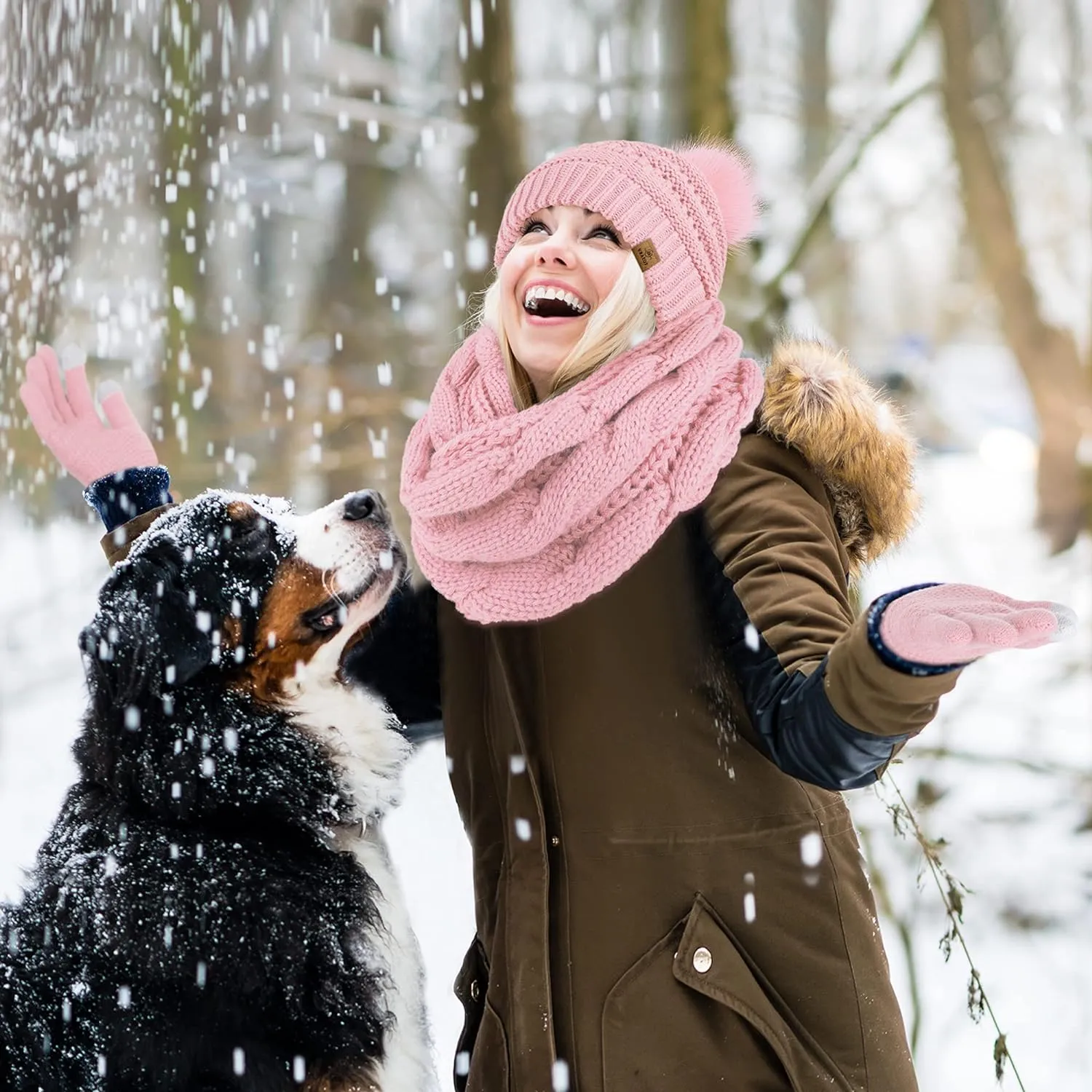 Winter Knit Beige Beanie Hat, Scarf, Ear Muff & Gloves Set
