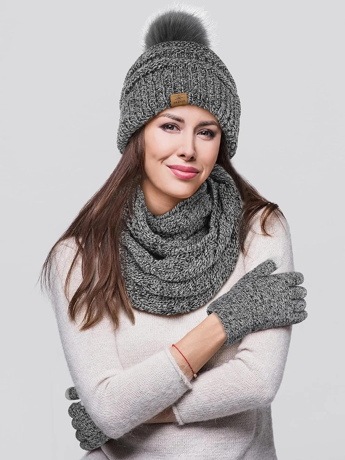 Winter Knit Beige Beanie Hat, Scarf, Ear Muff & Gloves Set